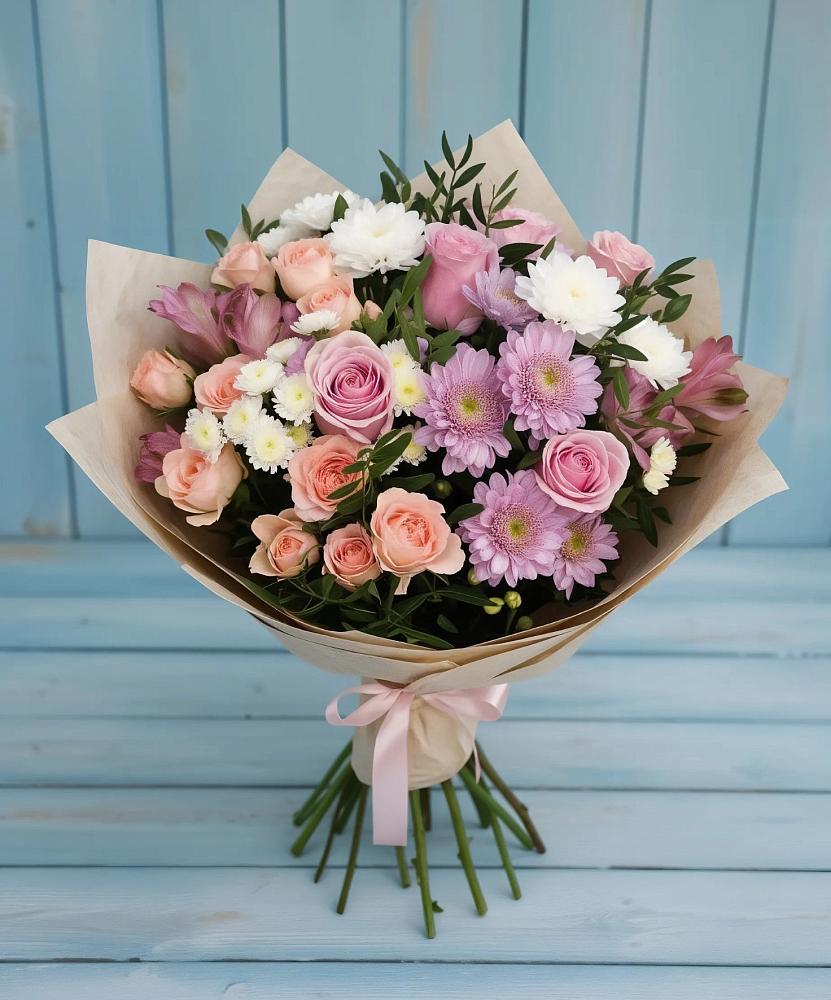 Букет цветов из: Хризантемы, Розы и Альстромерии в Введенское