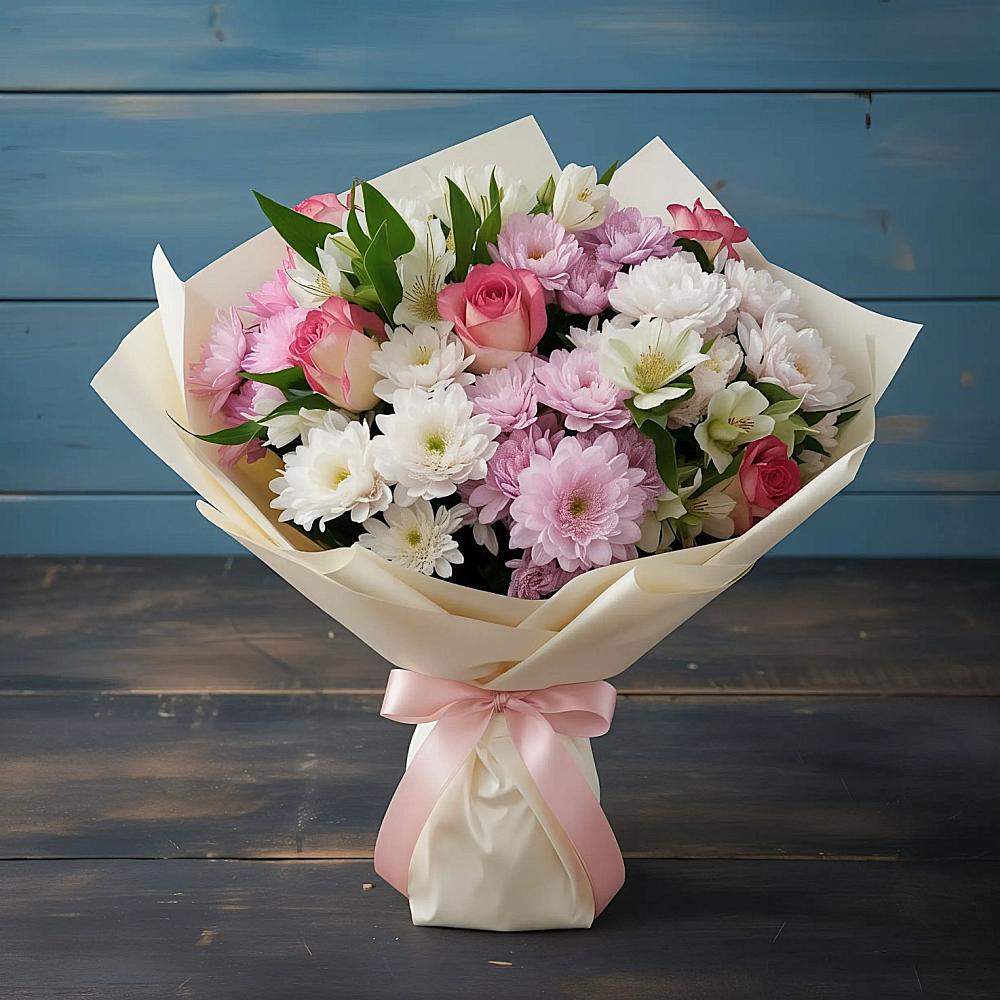 Букет цветов из: Хризантемы, Альстромерии и Розы в Введенское